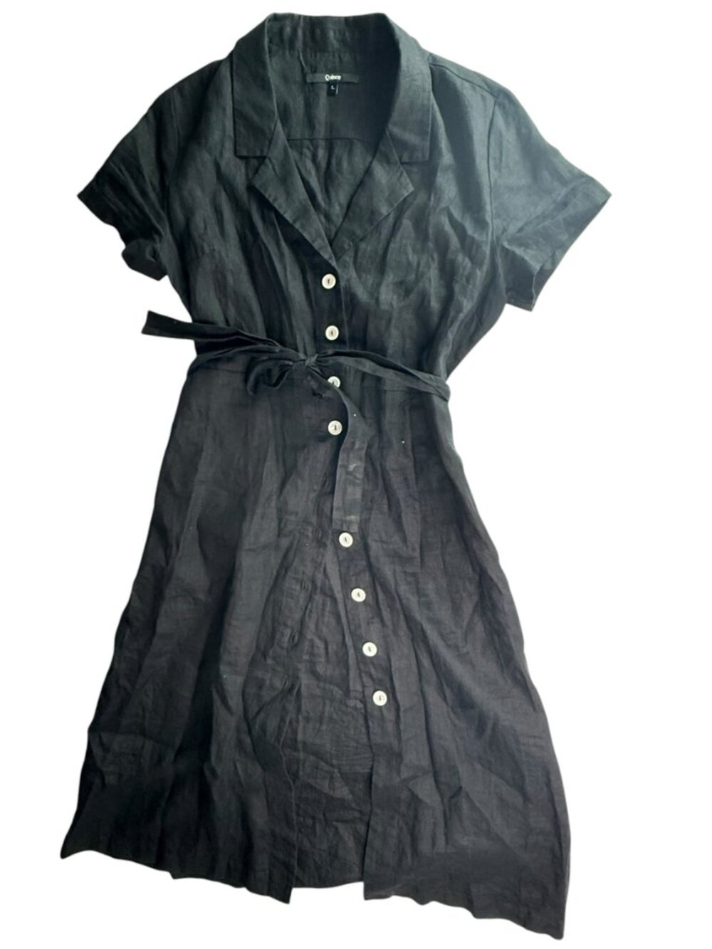 QUINCE Linen Dress w/ Buttons, Collared.  Black. Size Women's Large S/S, Belted